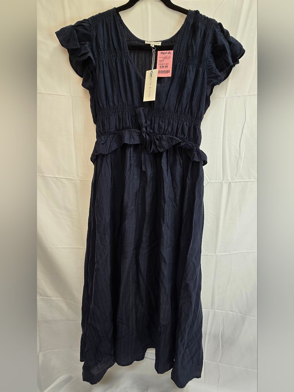 Moon River Navy Blue Ruffle Midi Dress Size L NWT Smocked Tie Waist